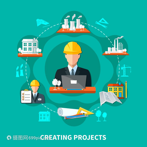 項目創建圈成工程圓形成平工廠工業圖標繪制工具待辦列表建筑圖像矢量插圖